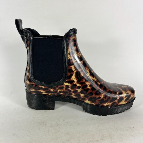 Jeffrey Campbell Chelsea Rain Boots Womens 8 Brown Black Leopard Print Pull On - Picture 3 of 10